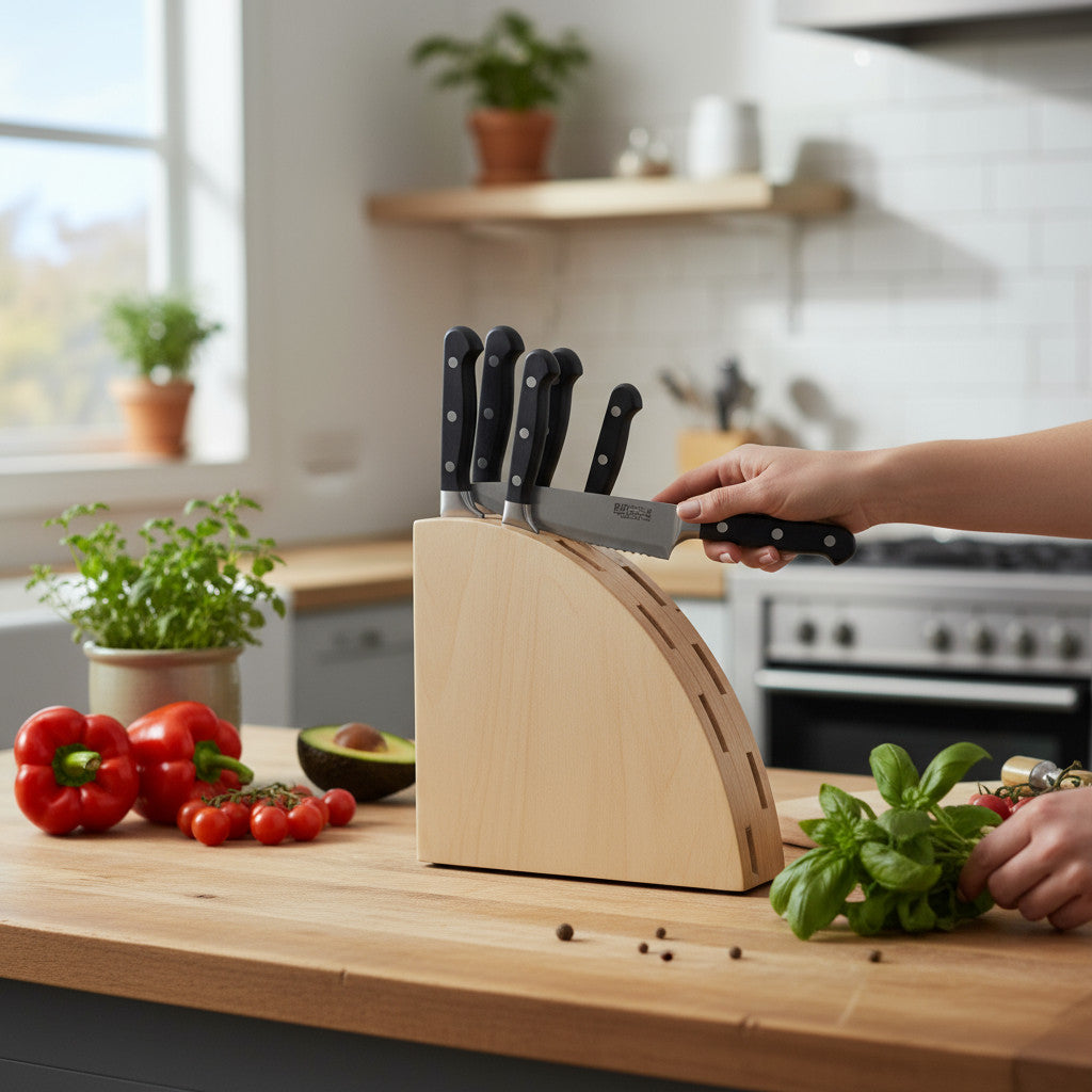 Wooden Knife Stand, Minimal Countertop Knife Holder, Handmade Wooden Kitchen Organizer - detail view for shoppers