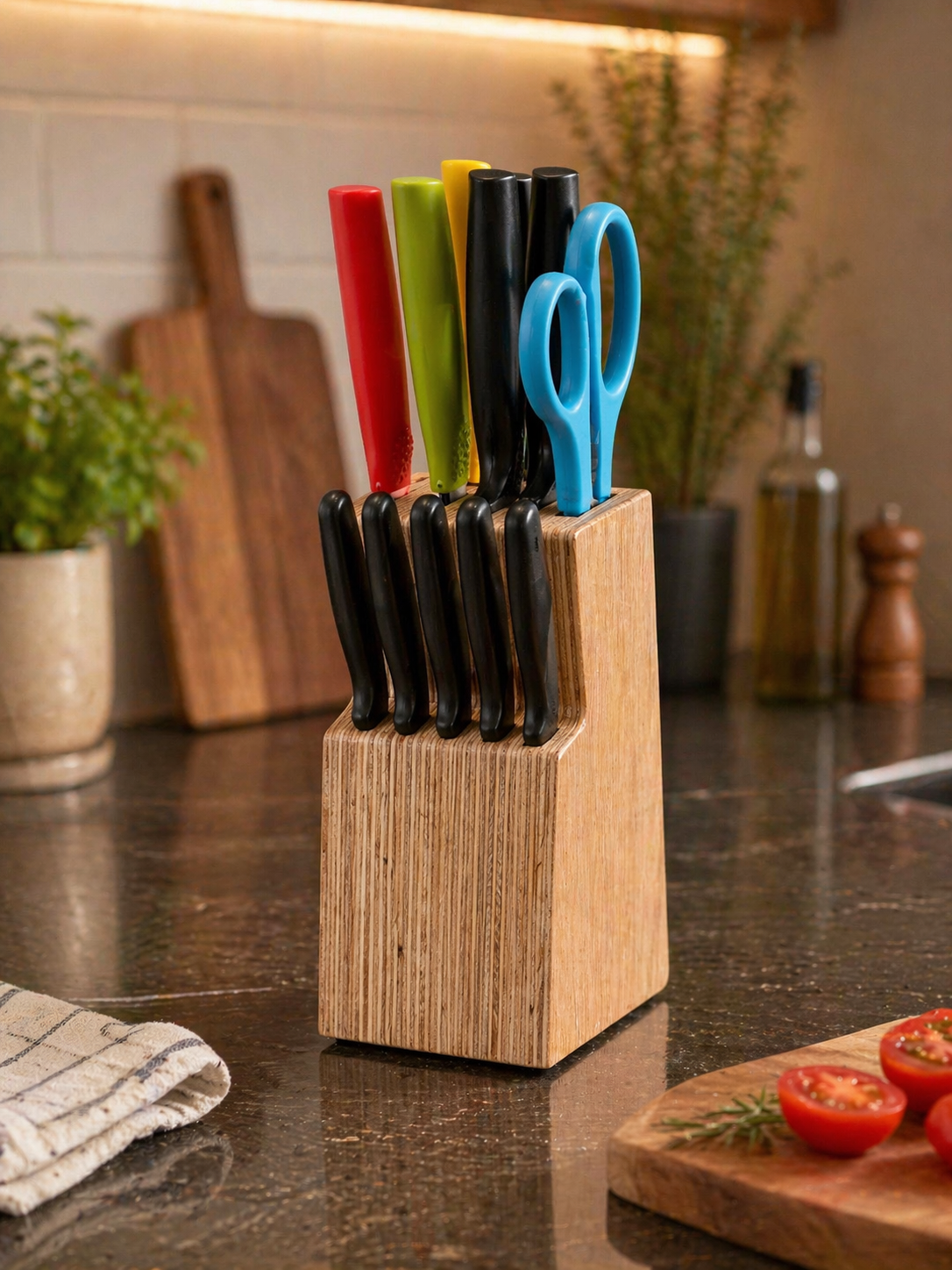 Wooden Knife Stand, New Model Knife Holder for Kitchen Storage - side view showing the product profile