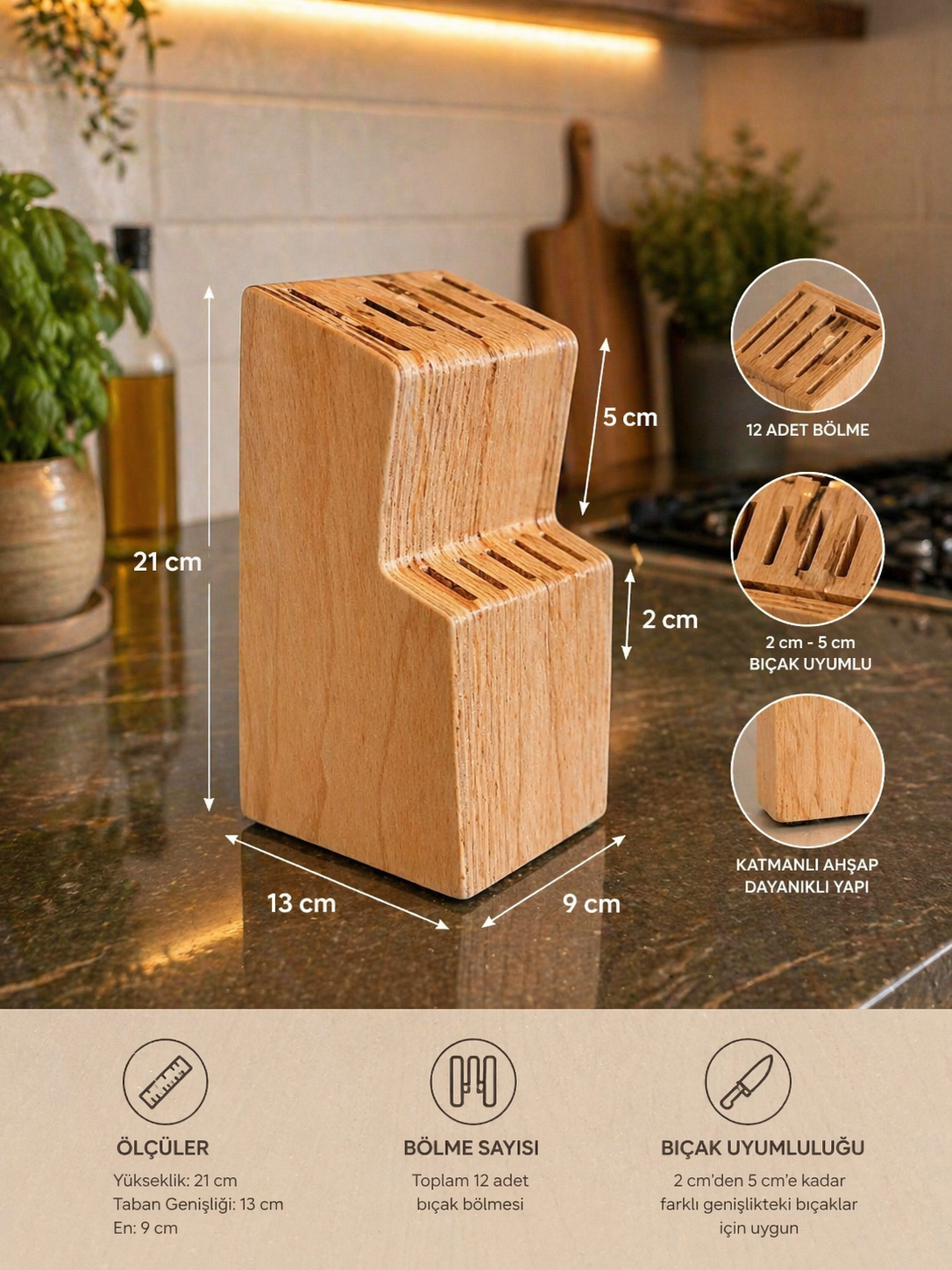 Wooden Knife Stand, New Model Knife Holder for Kitchen Storage - front view of the product