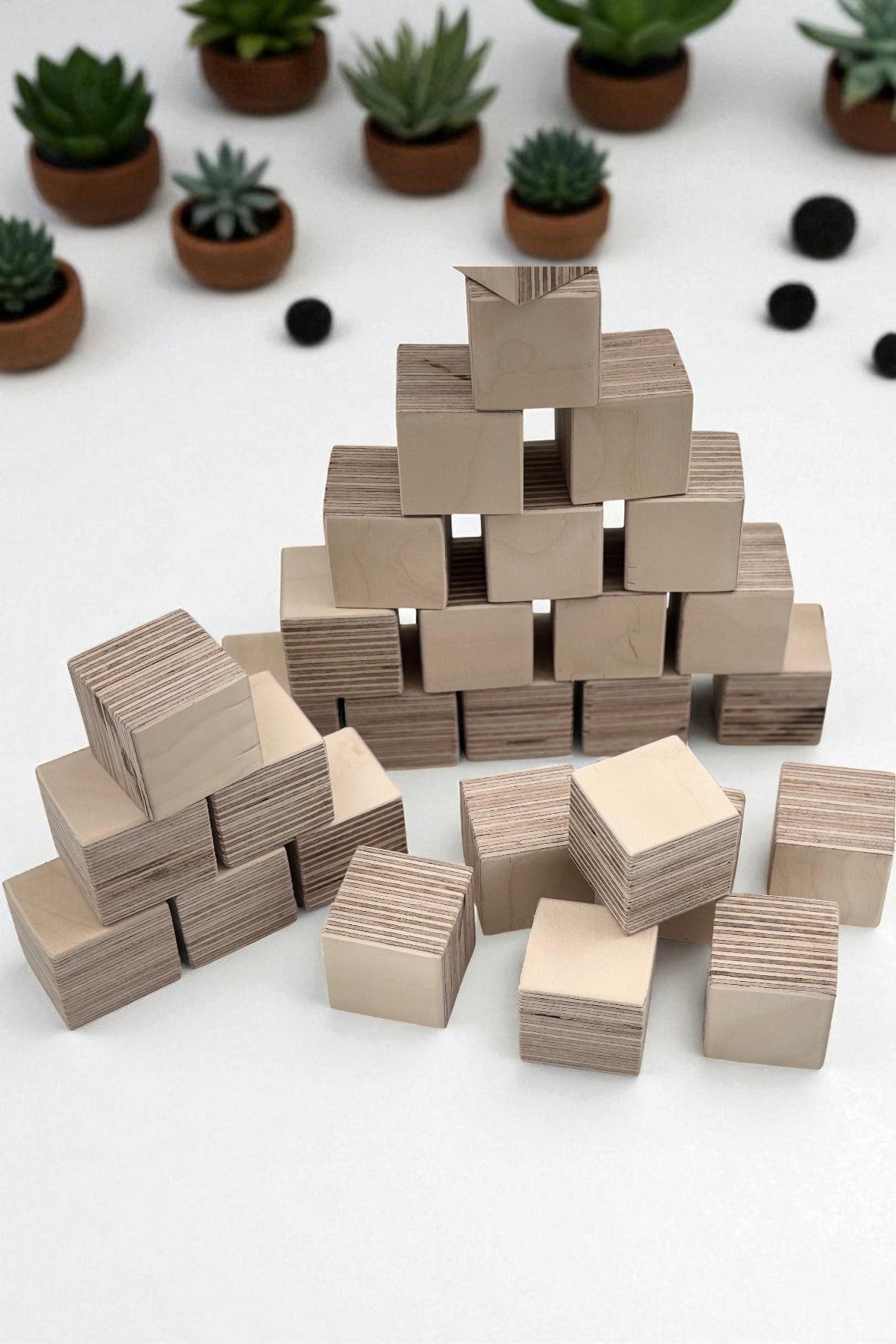 Wooden Cubes Toy, Small Handcrafted Wooden Blocks for Play and Display, Natural Wood Toddler Gift - front view of the wooden activity toy