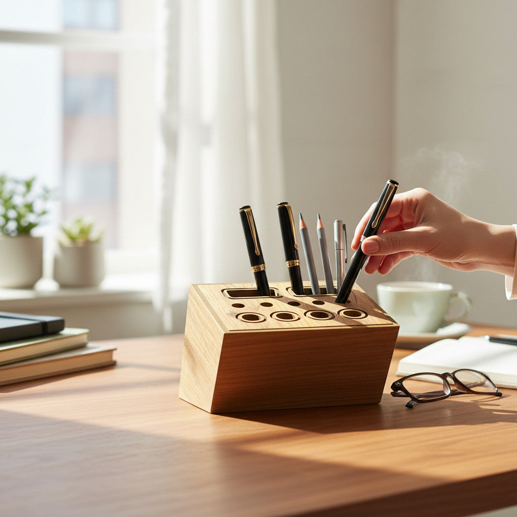 Slanted Wooden Pencil Holder, Desk Organizer for Kids Room and Study Space, MDF Pencil Cup, Handmade Office Storage - main product view