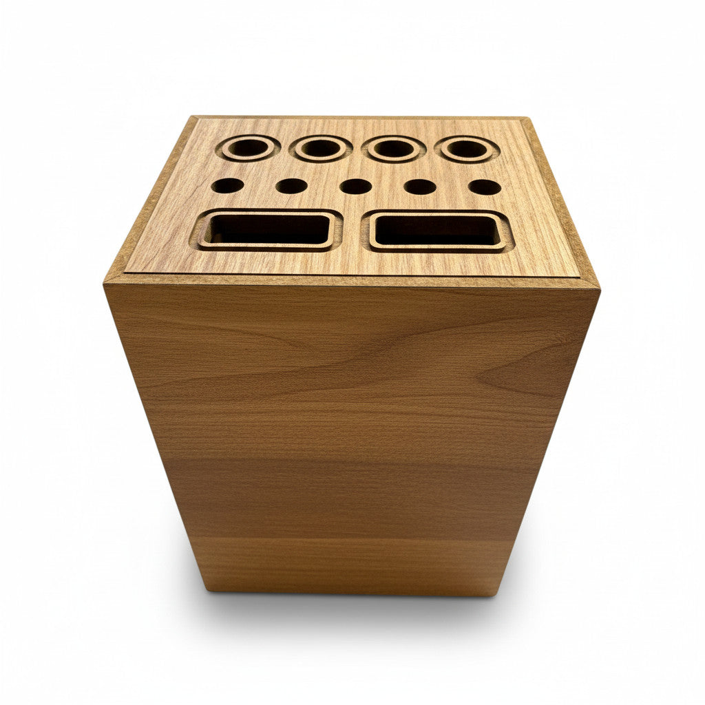 Slanted Wooden Pencil Holder, Desk Organizer for Kids Room and Study Space, MDF Pencil Cup, Handmade Office Storage - side view showing the product profile