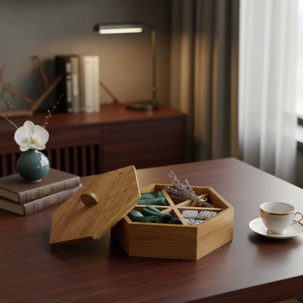 Wooden Hexagon Jewelry Box, MDF Keepsake Box, Small Trinket Storage for Handmade Decor - wood material and finish detail