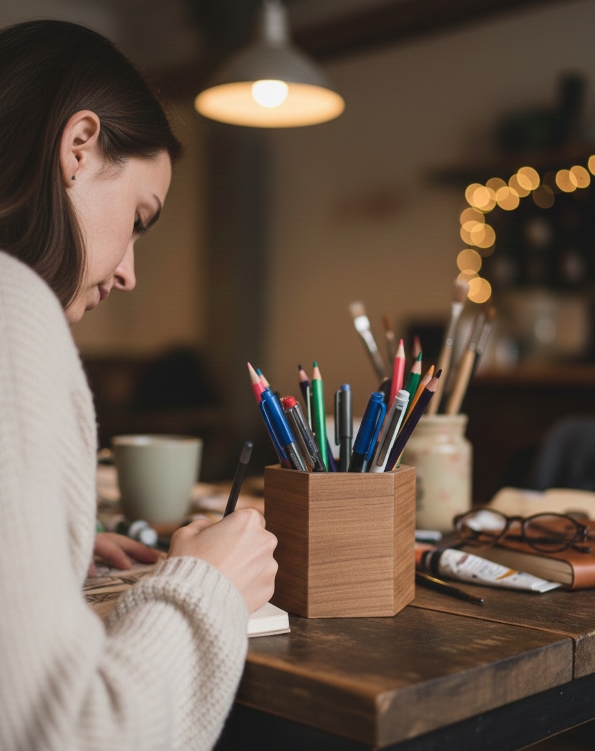 Hexagon Wooden Pencil Holder, Brown MDF Desk Organizer, Minimal Wooden Pen Cup for Office or Study Desk - main product view