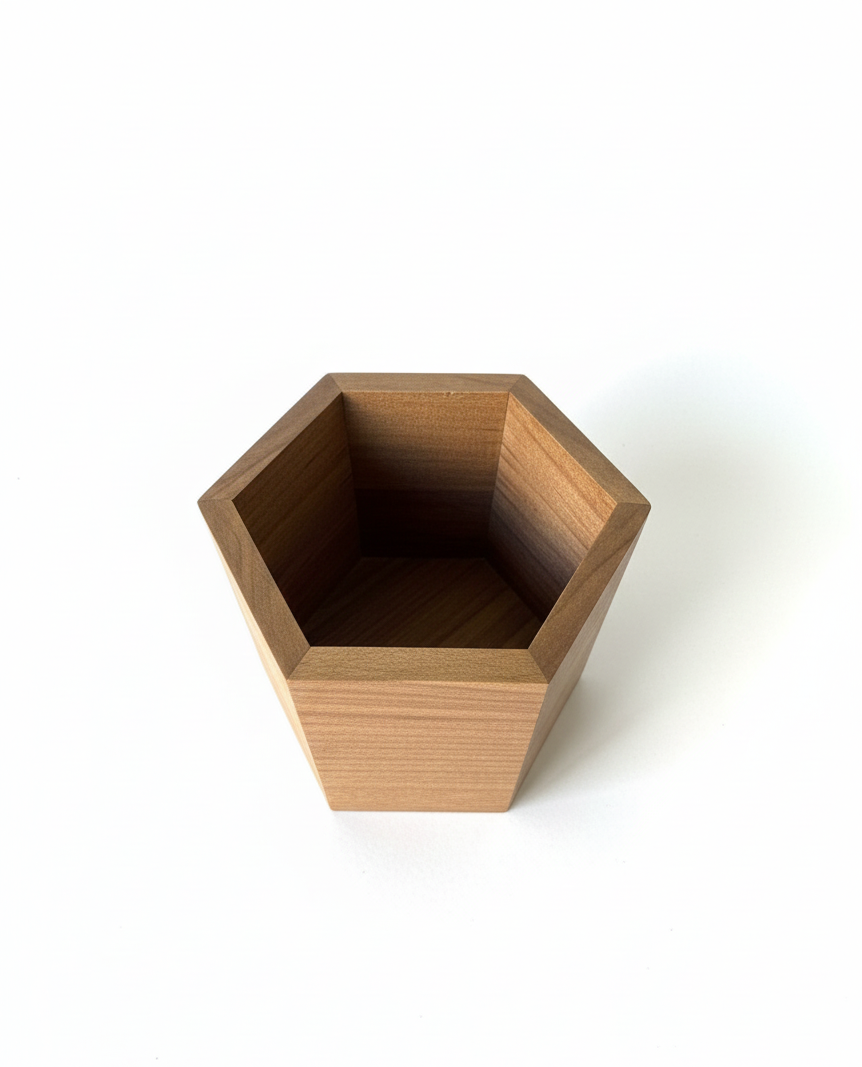 Hexagon Wooden Pencil Holder, Brown MDF Desk Organizer, Minimal Wooden Pen Cup for Office or Study Desk - close up of the product detail