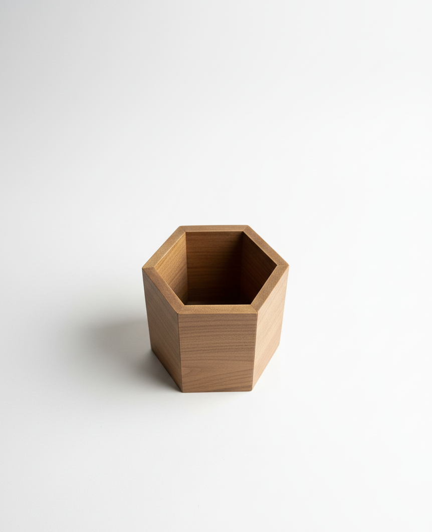 Hexagon Wooden Pencil Holder, Brown MDF Desk Organizer, Minimal Wooden Pen Cup for Office or Study Desk - side view showing the product profile