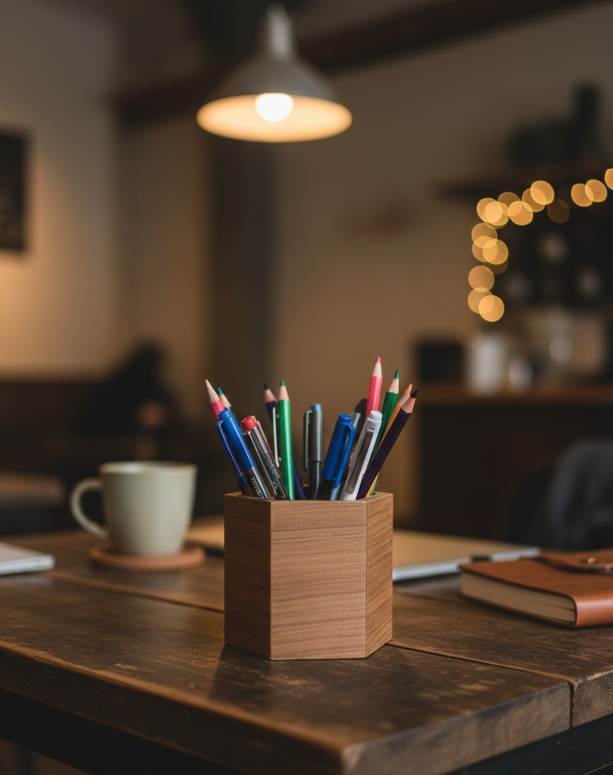 Hexagon Wooden Pencil Holder, Brown MDF Desk Organizer, Minimal Wooden Pen Cup for Office or Study Desk - size and shape detail