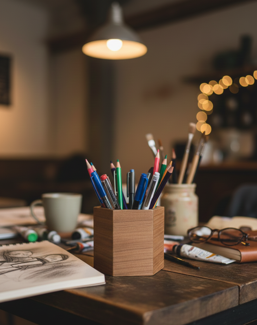 Hexagon Wooden Pencil Holder, Brown MDF Desk Organizer, Minimal Wooden Pen Cup for Office or Study Desk - styled use and display idea
