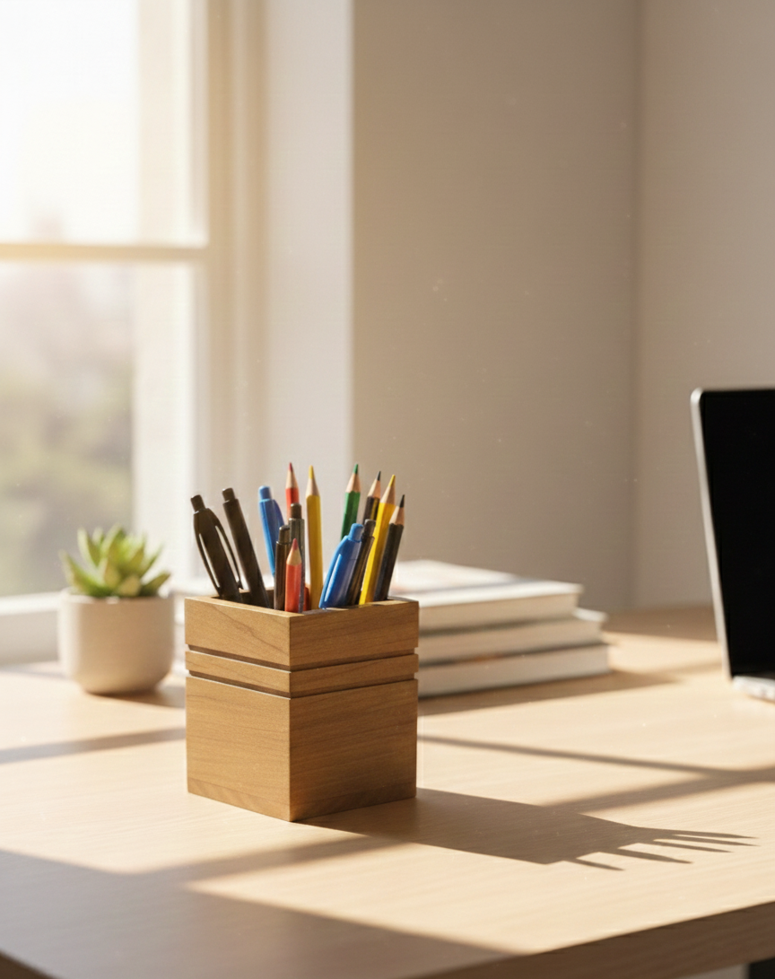 Hexagon Wooden Pencil Holder, Brown MDF Desk Organizer, Minimal Wooden Pen Cup for Office or Study Desk - handmade wooden product detail