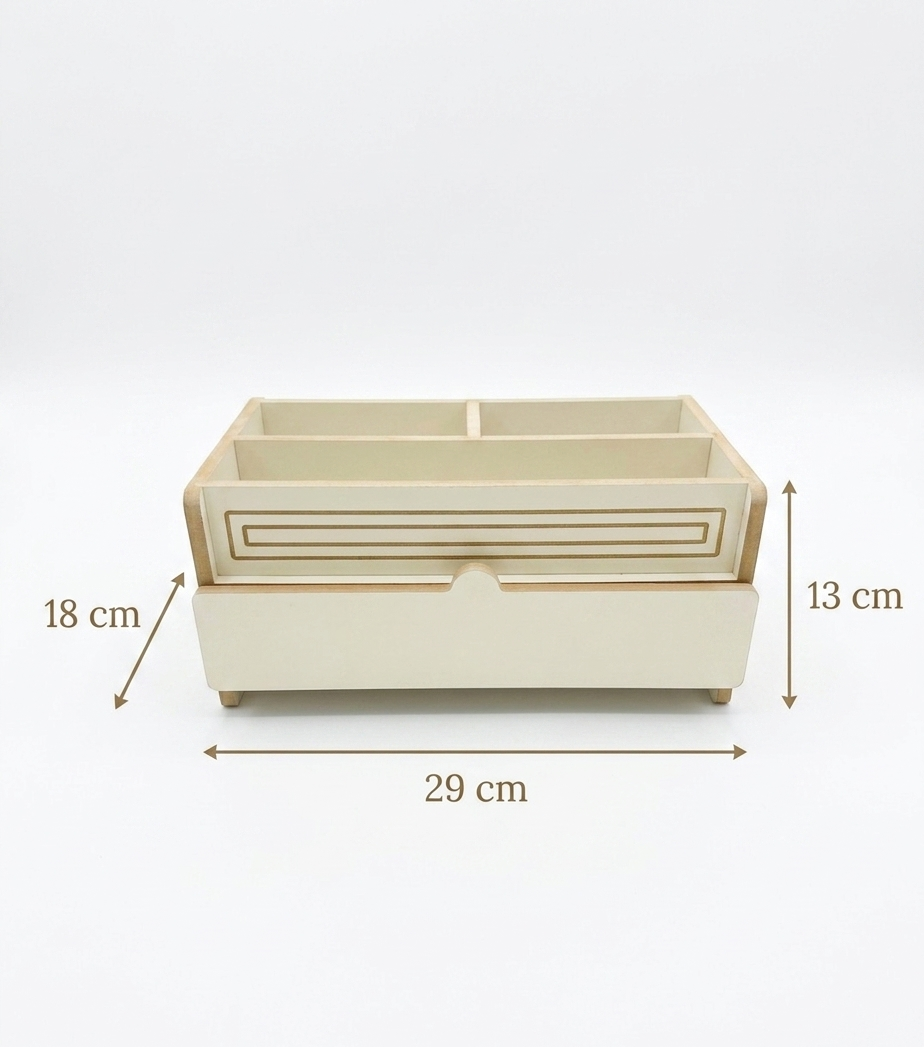 Gray Wooden Makeup Organizer with Drawer, Desktop Vanity Storage Tray for Cosmetics and Accessories - close up of the product detail