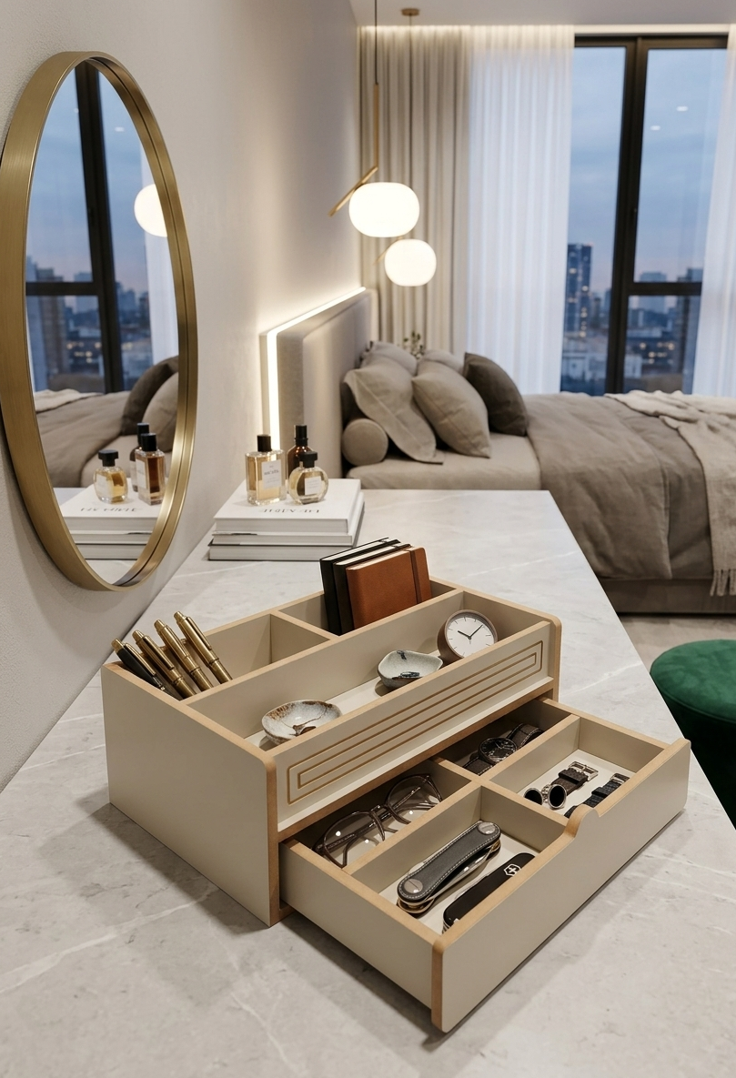 Gray Wooden Makeup Organizer with Drawer, Desktop Vanity Storage Tray for Cosmetics and Accessories - side view showing the product profile