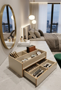 Gray Wooden Makeup Organizer with Drawer, Desktop Vanity Storage Tray for Cosmetics and Accessories - side view showing the product profile