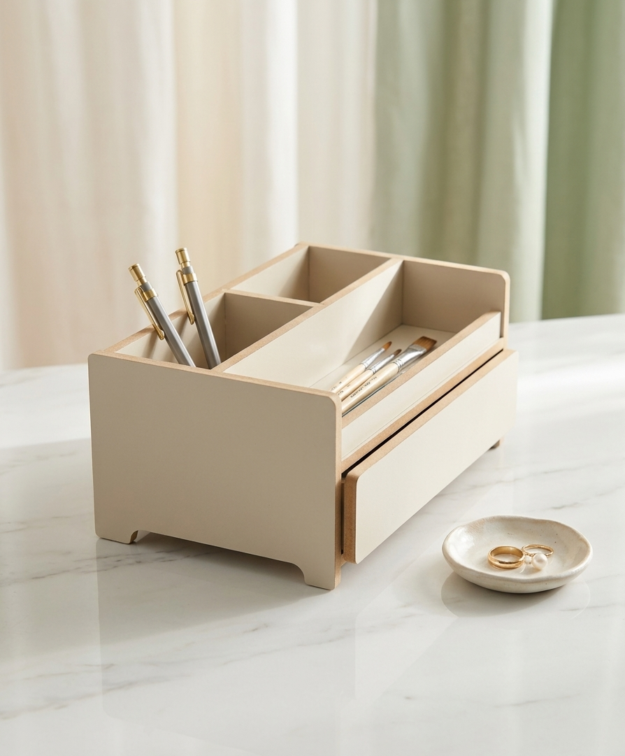 Gray Wooden Makeup Organizer with Drawer, Desktop Vanity Storage Tray for Cosmetics and Accessories - size and shape detail