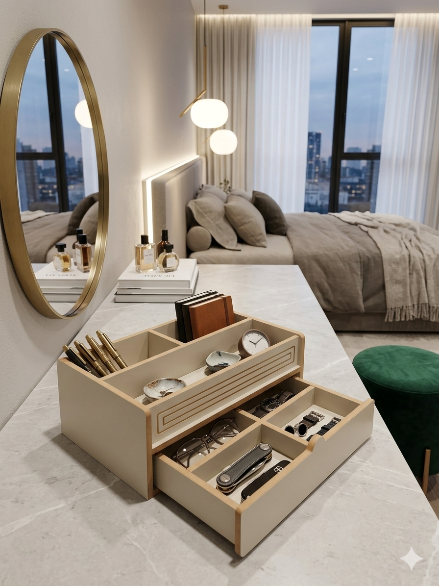Gray Wooden Makeup Organizer with Drawer, Desktop Vanity Storage Tray for Cosmetics and Accessories - detail view for shoppers