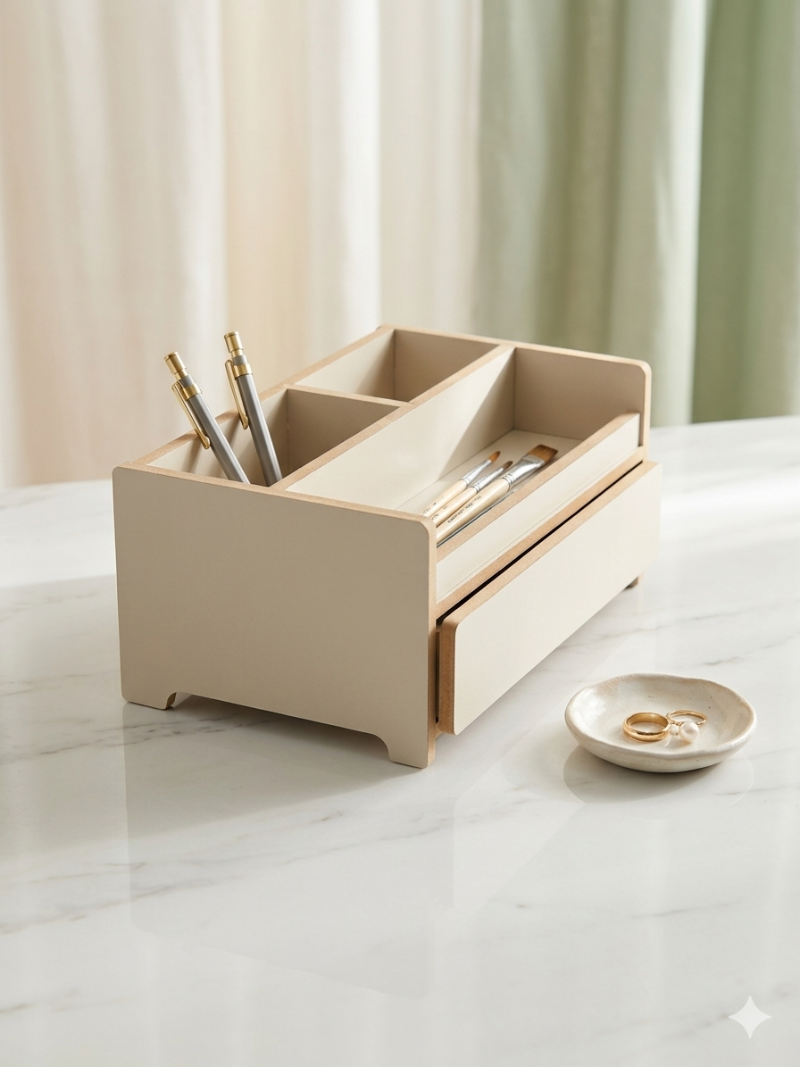 Gray Wooden Makeup Organizer with Drawer, Desktop Vanity Storage Tray for Cosmetics and Accessories - additional product photo