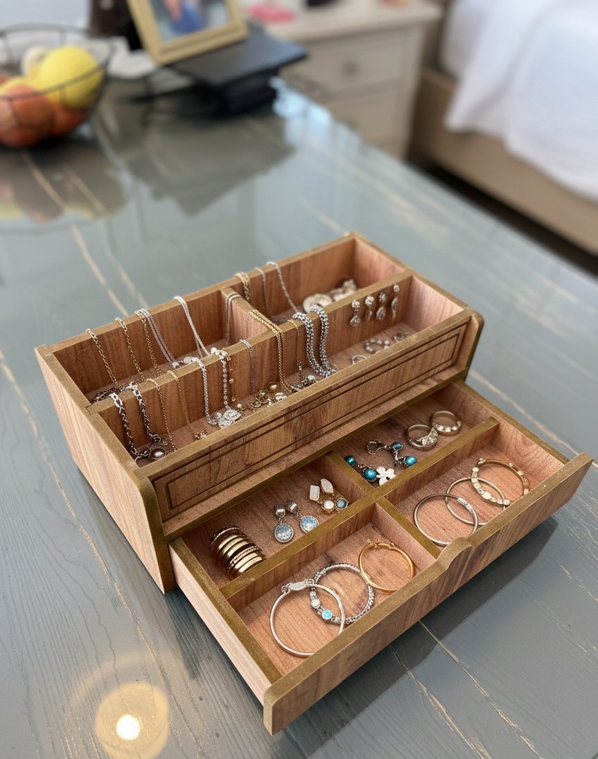 Wooden Makeup Organizer with Drawer, MDF Vanity Storage Box for Brushes, Cosmetics and Small Accessories - close up of the product detail