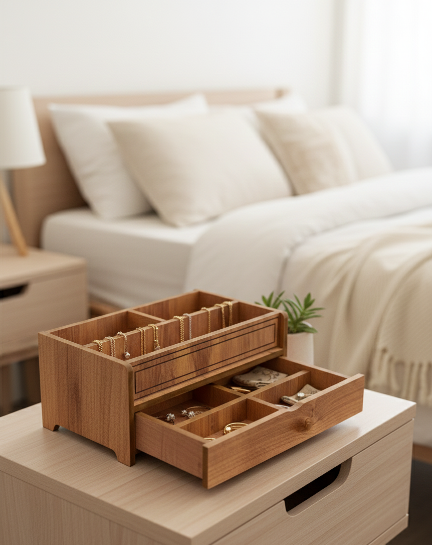 Wooden Makeup Organizer with Drawer, MDF Vanity Storage Box for Brushes, Cosmetics and Small Accessories - wood material and finish detail
