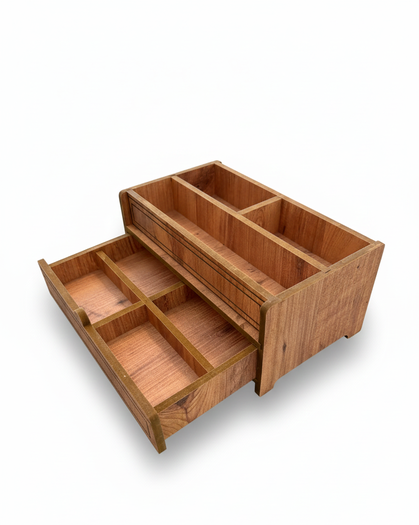 Wooden Makeup Organizer with Drawer, MDF Vanity Storage Box for Brushes, Cosmetics and Small Accessories - side view showing the product profile