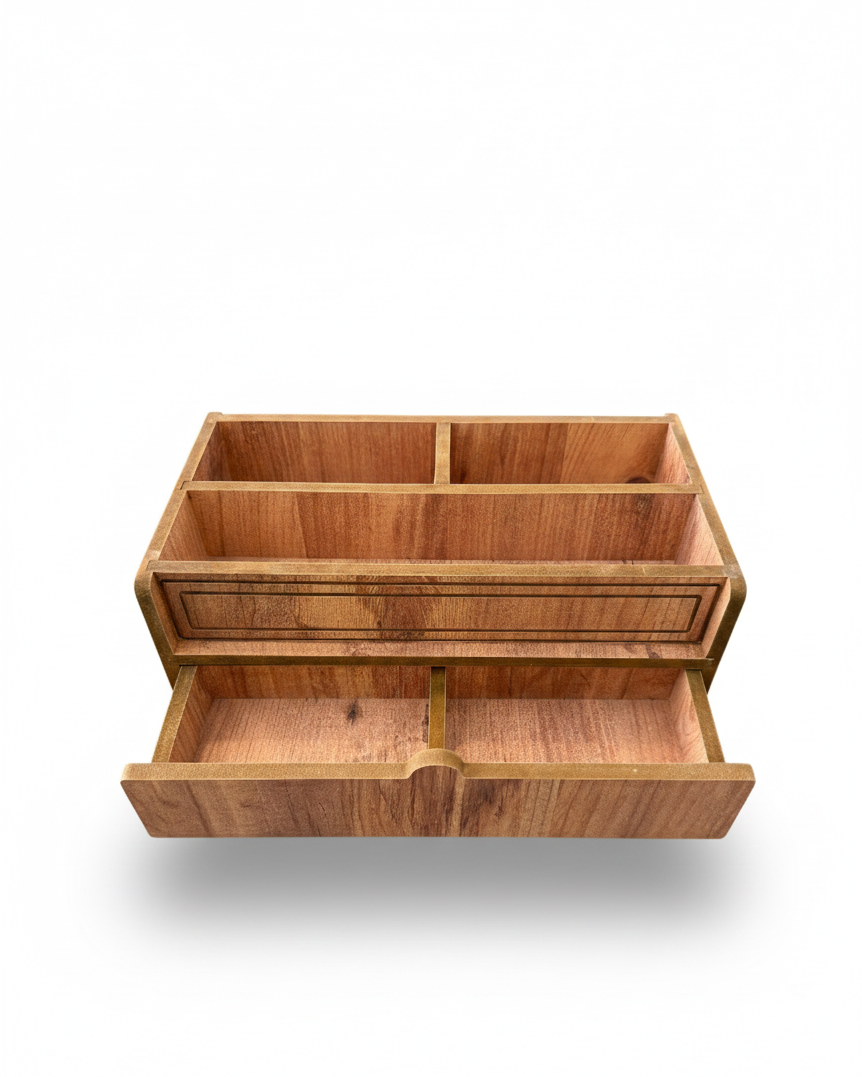Wooden Makeup Organizer with Drawer, MDF Vanity Storage Box for Brushes, Cosmetics and Small Accessories - size and shape detail
