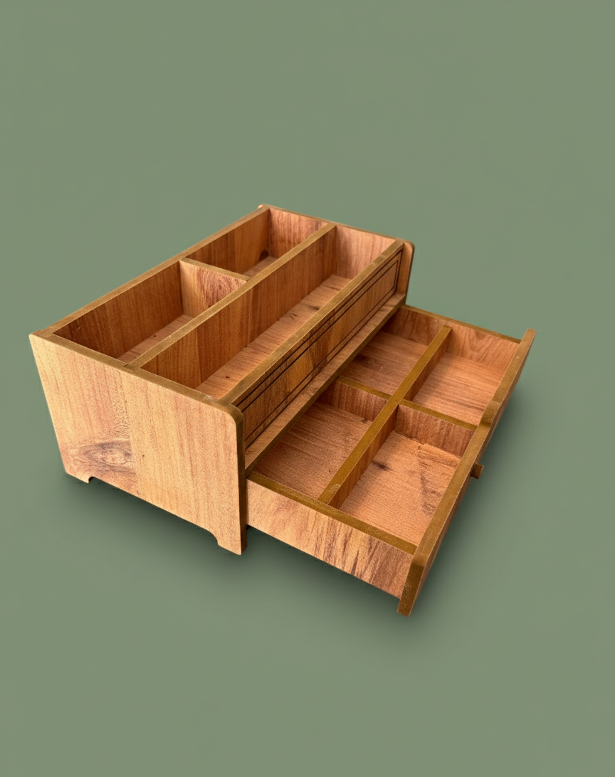 Wooden Makeup Organizer with Drawer, MDF Vanity Storage Box for Brushes, Cosmetics and Small Accessories - styled use and display idea