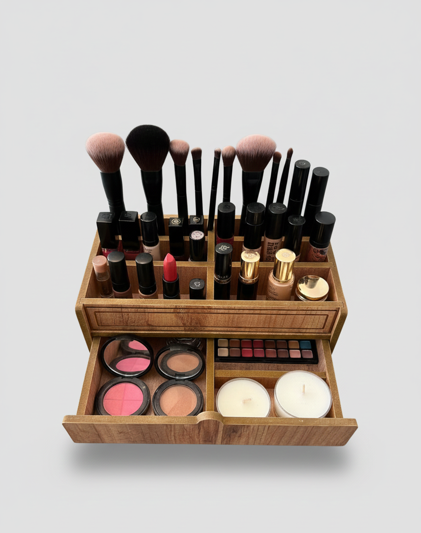 Wooden Makeup Organizer with Drawer, MDF Vanity Storage Box for Brushes, Cosmetics and Small Accessories - handmade wooden product detail
