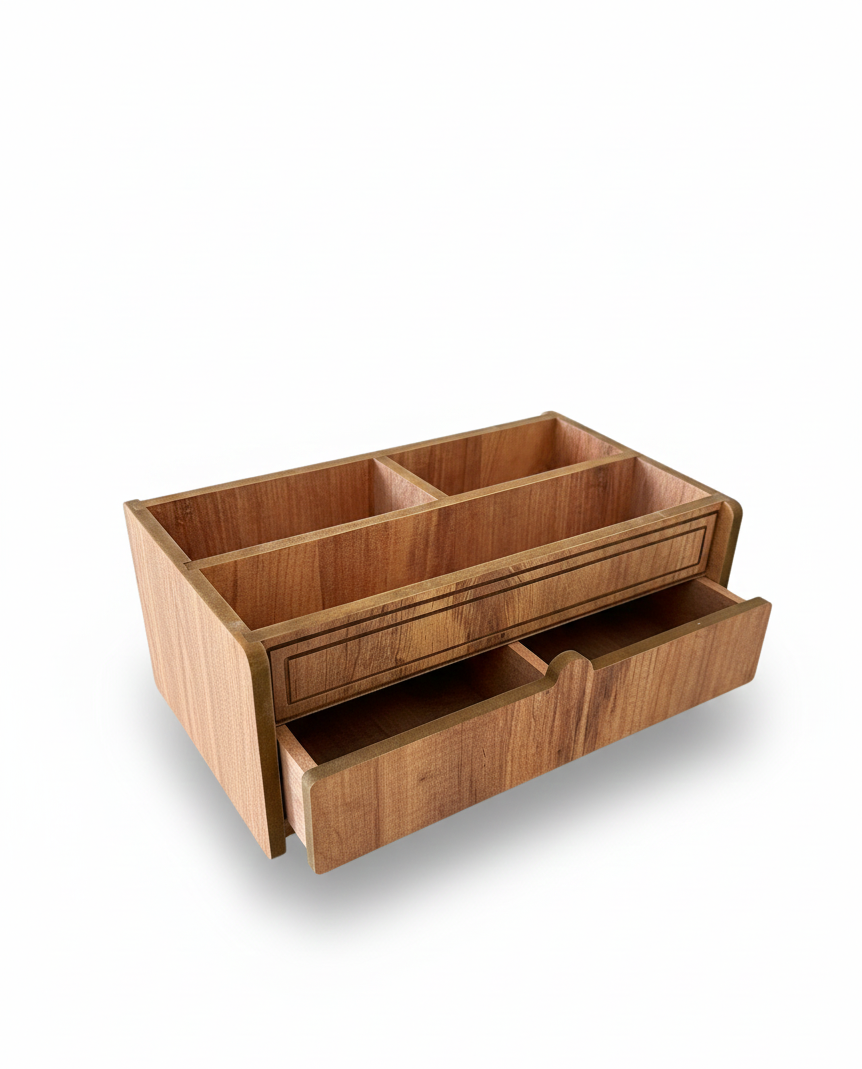 Wooden Makeup Organizer with Drawer, MDF Vanity Storage Box for Brushes, Cosmetics and Small Accessories - front view of the product