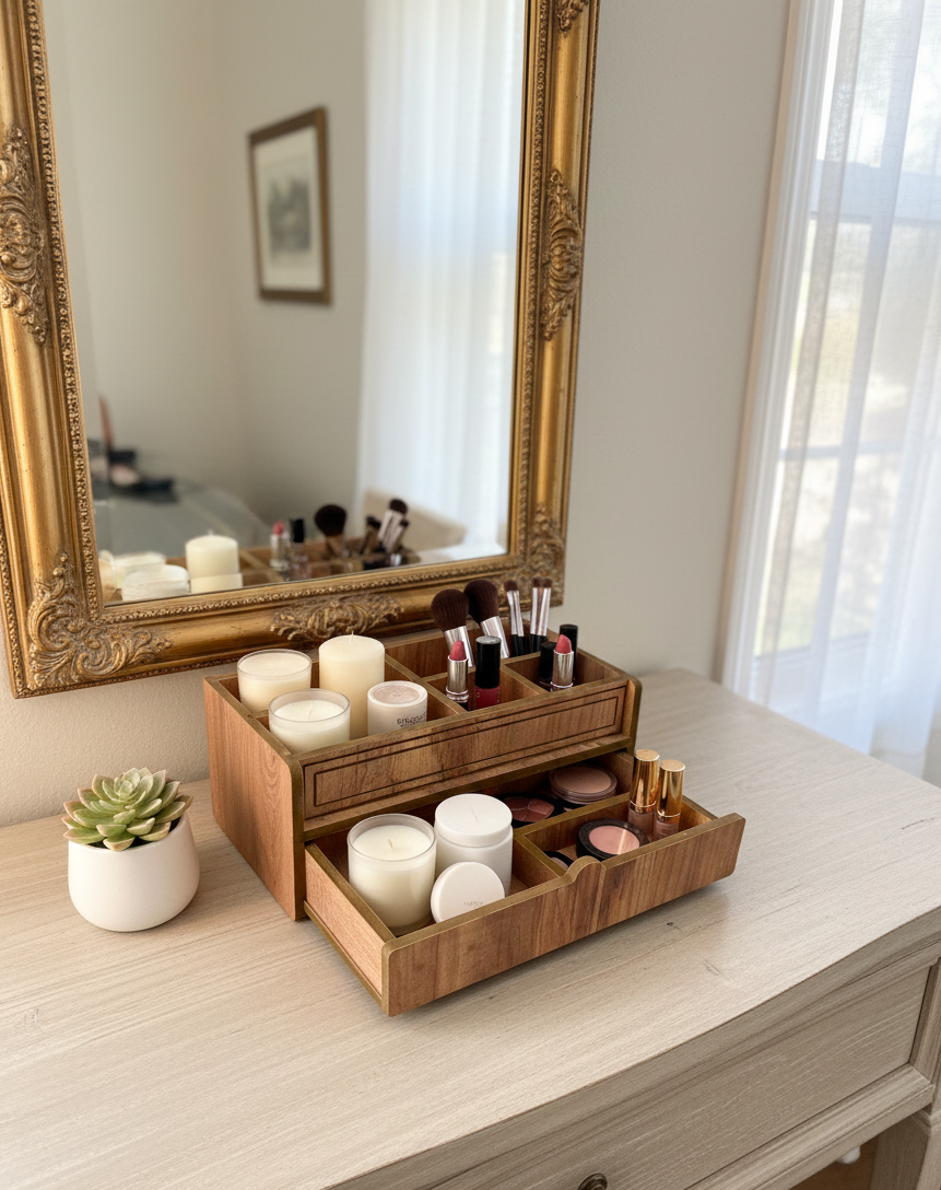 Wooden Makeup Organizer with Drawer, MDF Vanity Storage Box for Brushes, Cosmetics and Small Accessories - detail view for shoppers