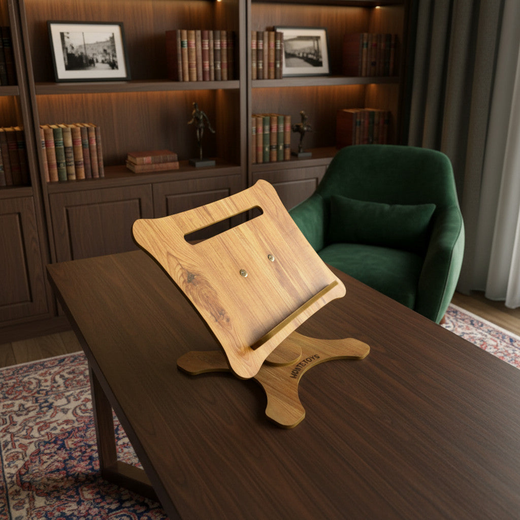Adjustable Book and Laptop Stand, Grey MDF Desktop Stand for Reading, Work, And Home Office - styled use and display idea