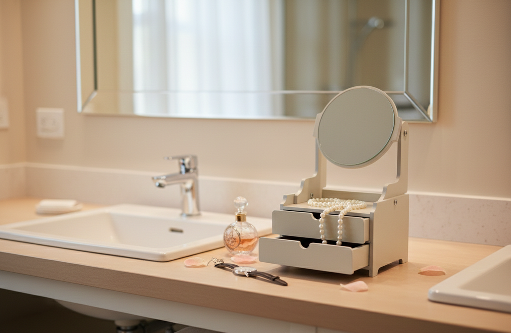 White Wooden Mirror Vanity Cabinet for Kids, MDF Dressing Table Style Pretend Play Toy, Compact Play Vanity - playroom or nursery display idea