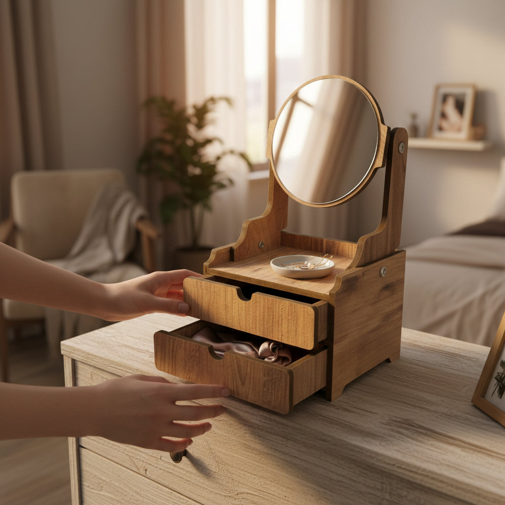 Grey Wooden Mirror Vanity Cabinet for Children | MDF Pretend Play Dressing Table, Compact Kids Vanity Toy - handmade wooden toy detail