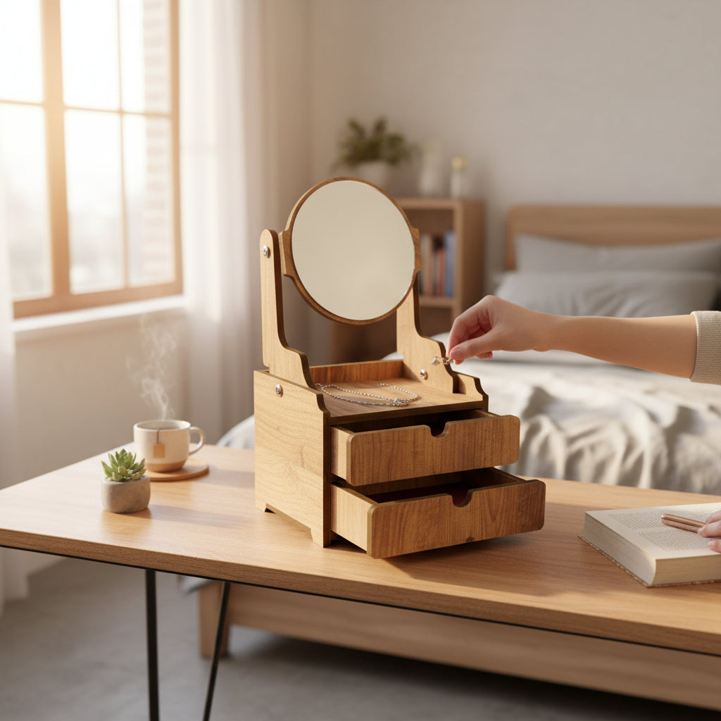 Grey Wooden Mirror Vanity Cabinet for Children | MDF Pretend Play Dressing Table, Compact Kids Vanity Toy - front view of the wooden activity toy