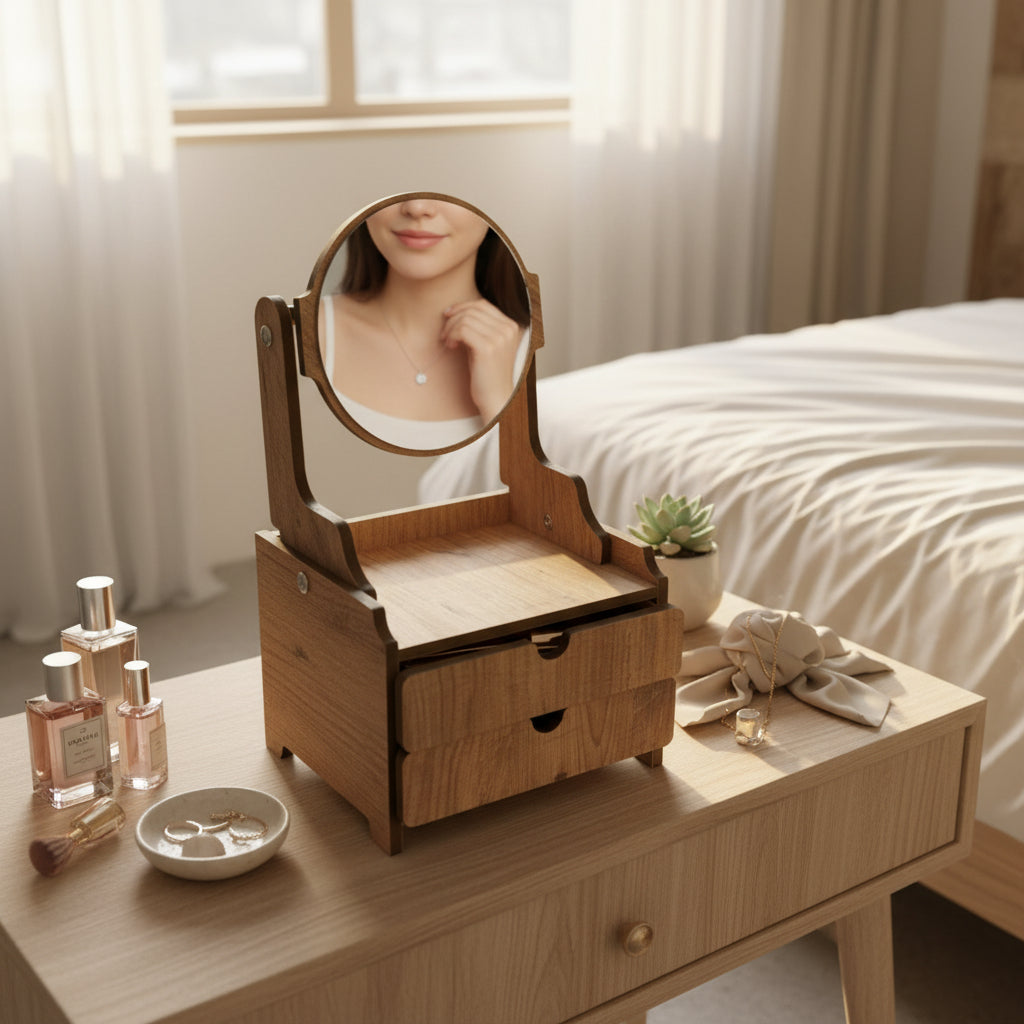 Grey Wooden Mirror Vanity Cabinet for Children | MDF Pretend Play Dressing Table, Compact Kids Vanity Toy - detail view for shoppers