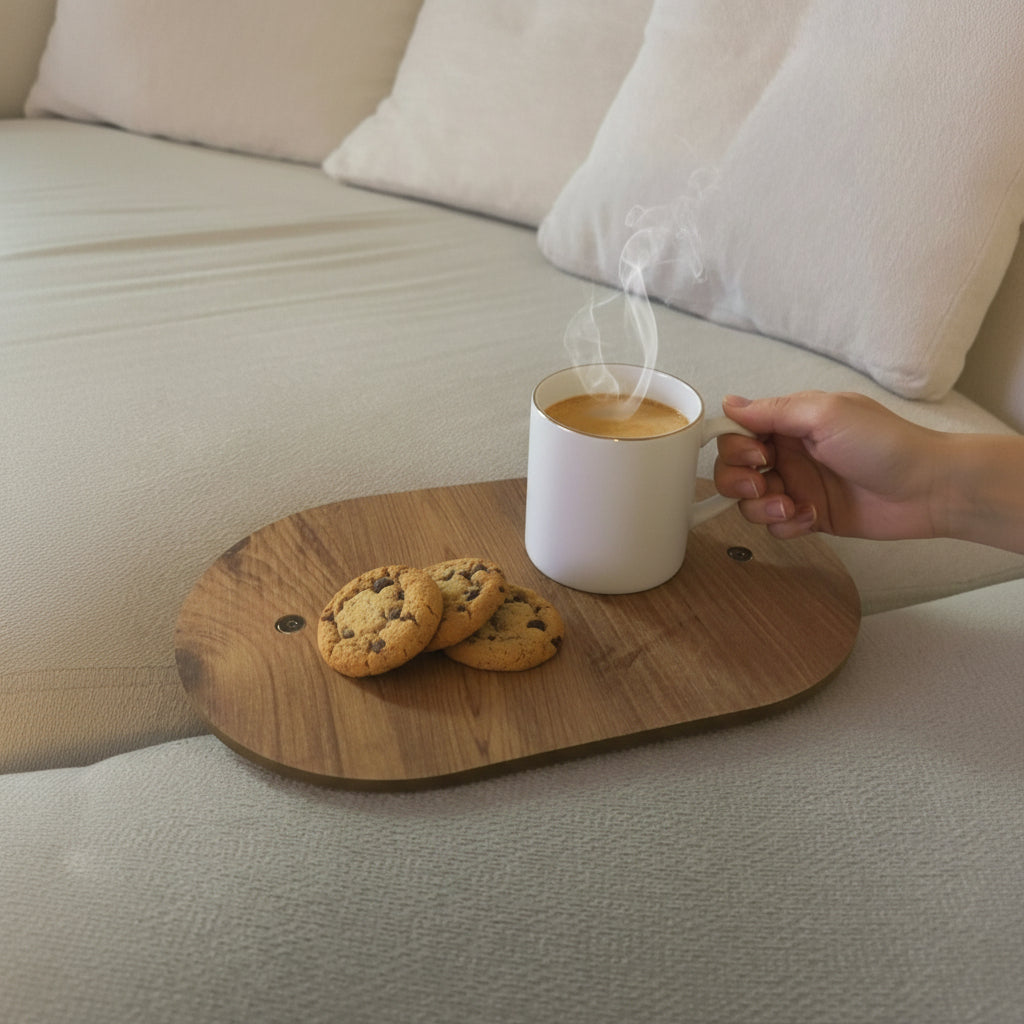 Coffee Car Seat Tray Table Organizer | Wooden MDF Seat Gap Tray for Snacks, Drinks, And Essentials - side view showing the product profile