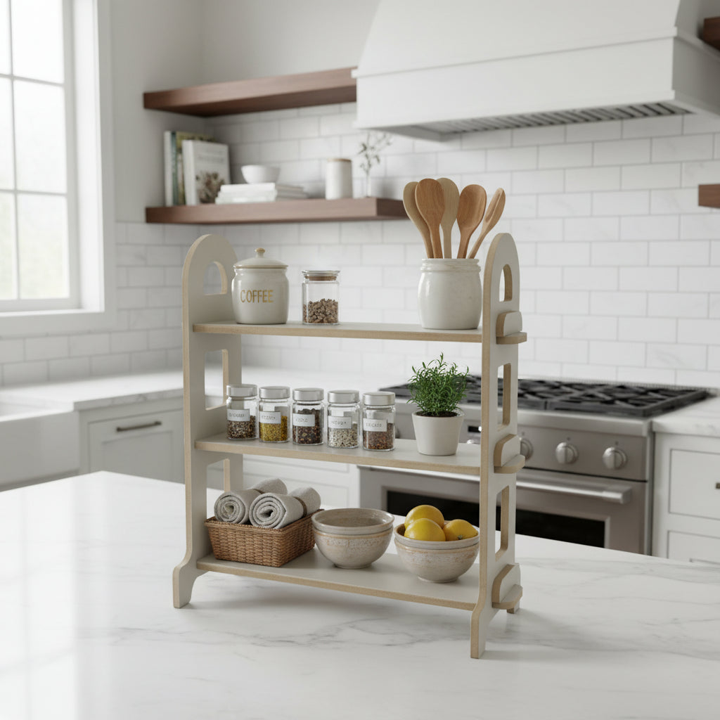 Wooden Kitchen Organizer Shelf | MDF Countertop Storage Rack for Home Organization - close up of the product detail
