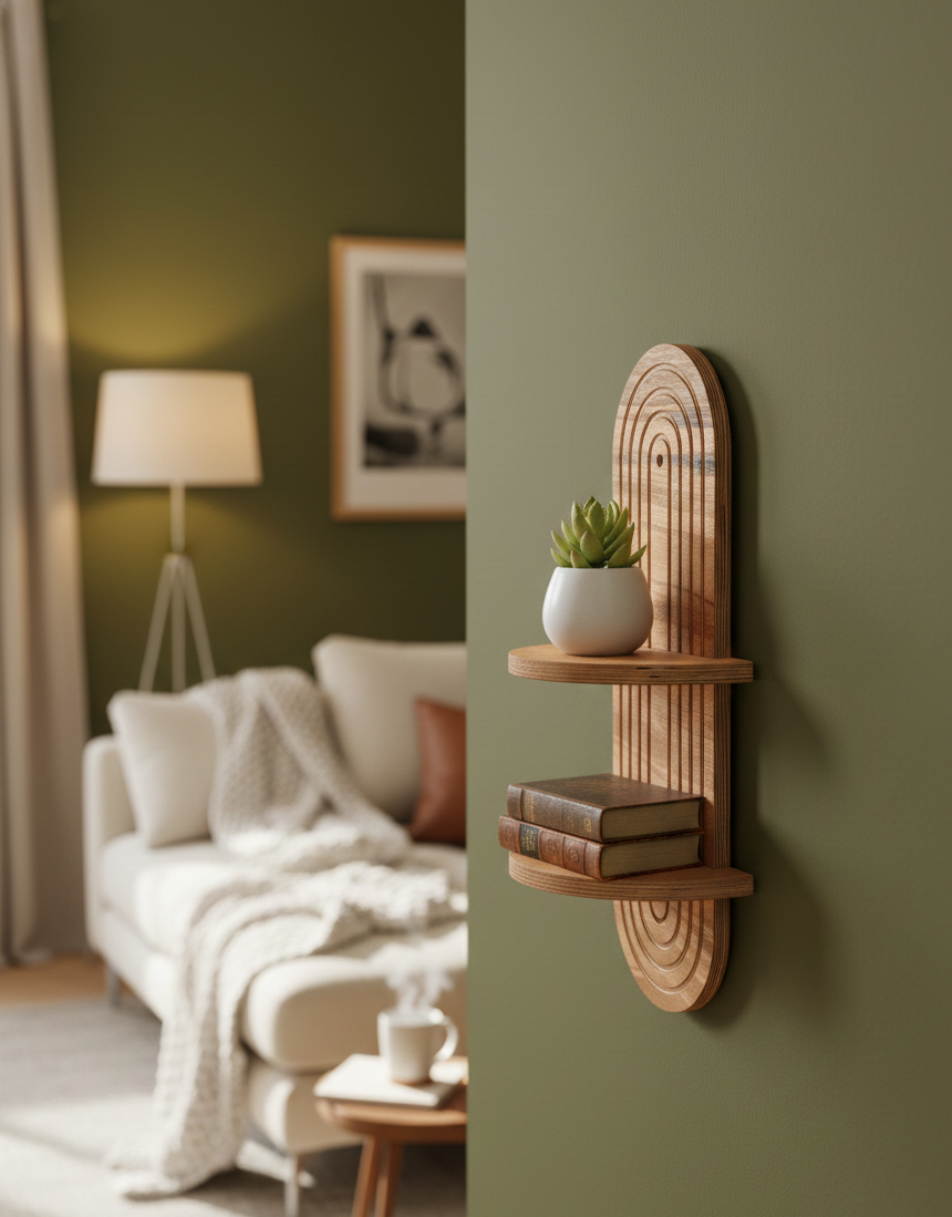 Beech Wood Wall Shelf with Mirror, Hanging Wooden Shelf for Nursery, Kids Room Decor, Small Wall Organizer - size and shape detail