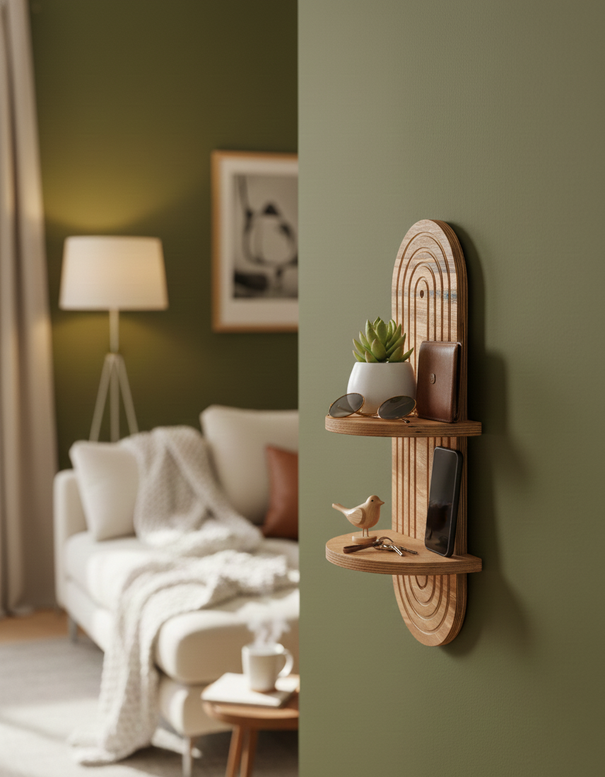 Beech Wood Wall Shelf with Mirror, Hanging Wooden Shelf for Nursery, Kids Room Decor, Small Wall Organizer - styled use and display idea