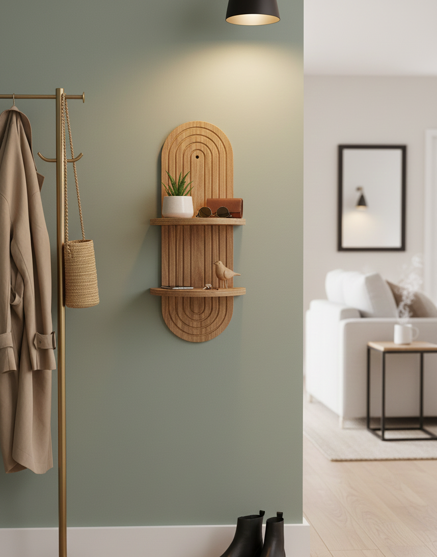 Beech Wood Wall Shelf with Mirror, Hanging Wooden Shelf for Nursery, Kids Room Decor, Small Wall Organizer - detail view for shoppers