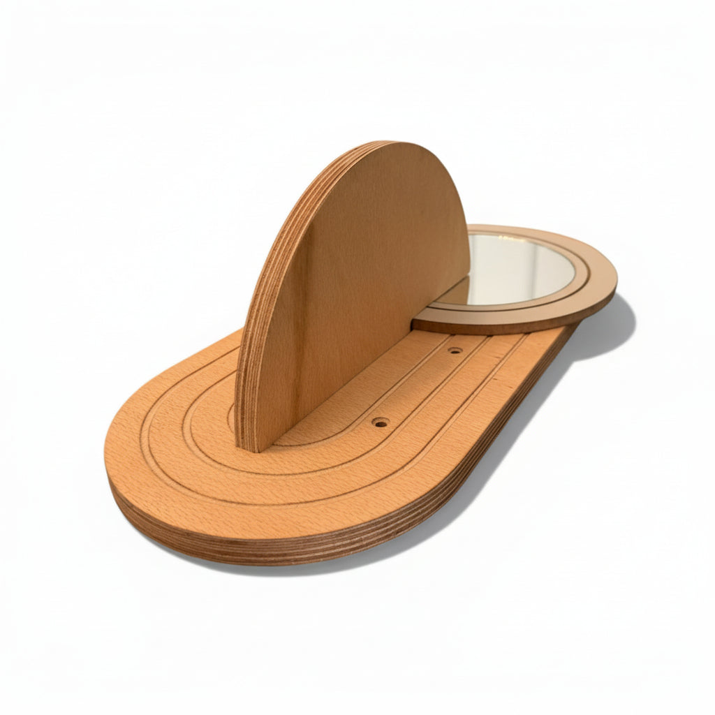 Wooden Sled Toy in Brown, Handmade Wood Play Sled for Children, Rustic Nursery Display Piece, Gift for Kids - side view showing the slim profile