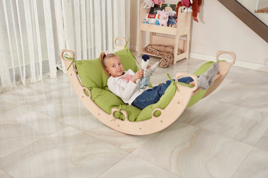 Arch Rocker Swing with Green Pillow, Wooden Climbing Montessori Toys for Kids - Etsy source listing image