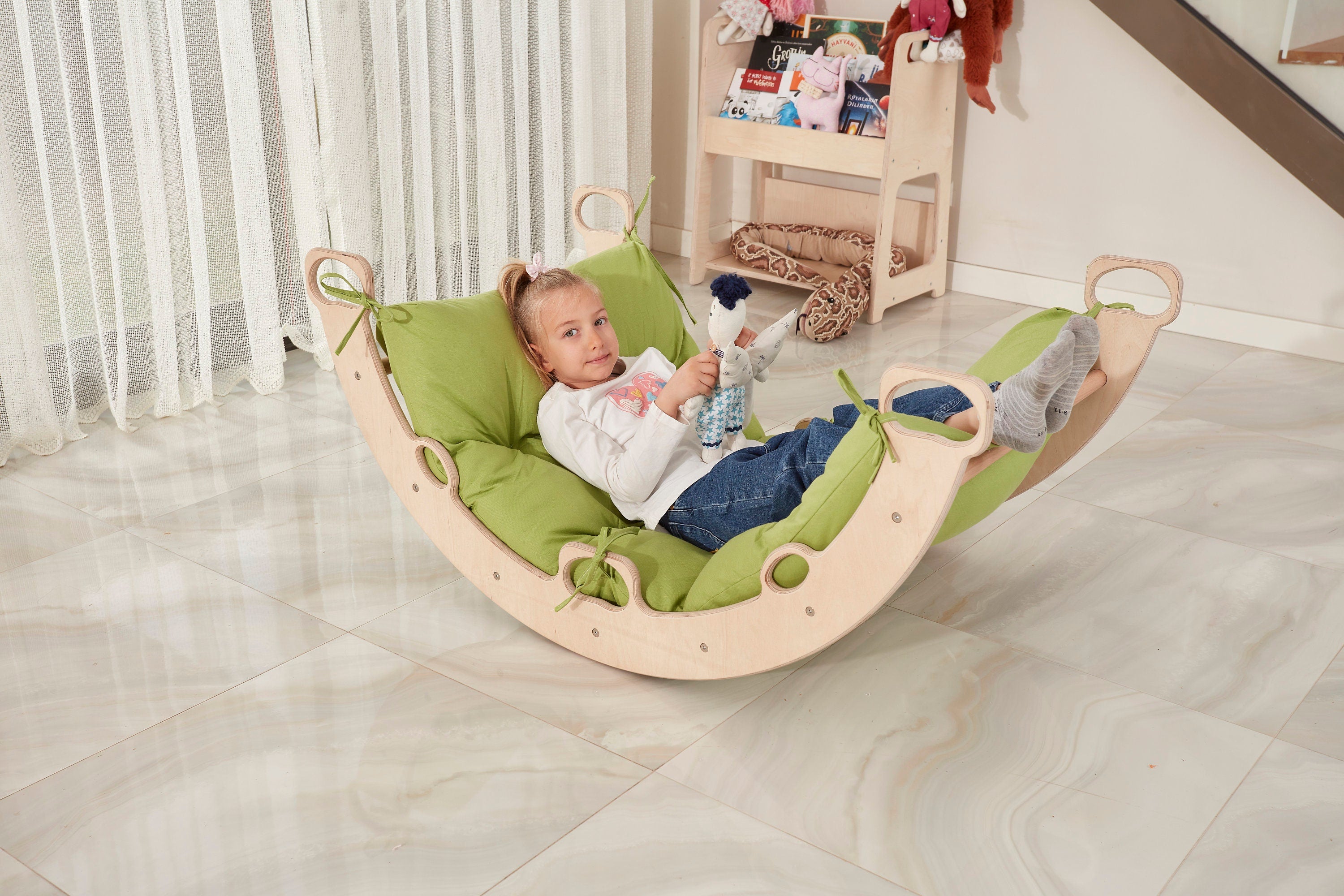 Arch Rocker Swing with Green Pillow, Wooden Climbing Montessori Toys for Kids - Etsy source listing image